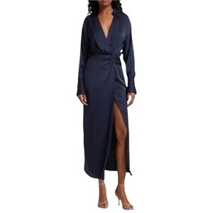 House of Harlow 1960 Navy Satin Wrap Midi Dress Long Sleeve Size M
